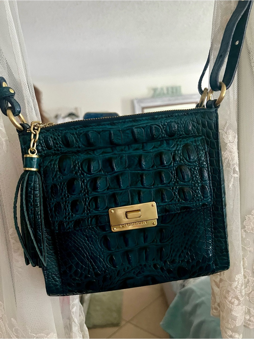 Brahmin Dark Teal Croc-Embossed Leather Crossbody with Tassel
